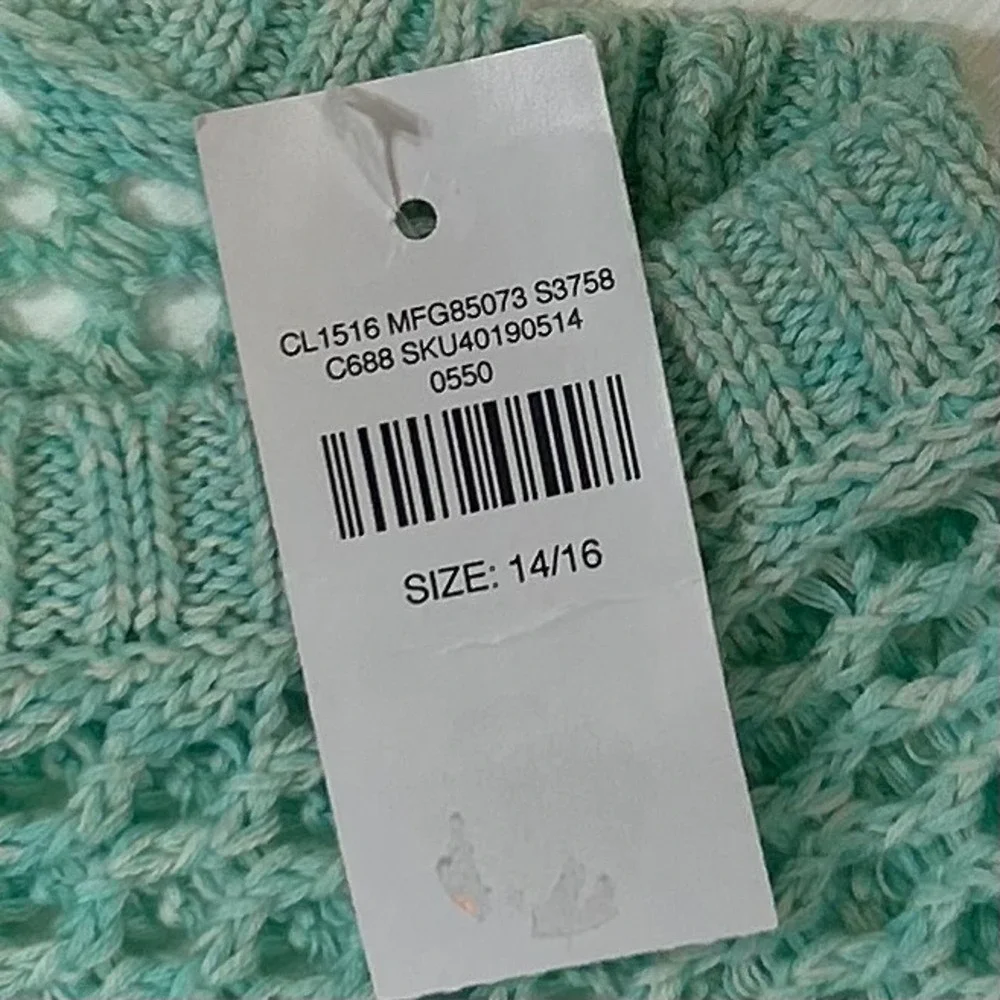 Justice Girls Ombre Teal Blue Open Knit Crochet Cotton Sweater Size 14/16 NWT